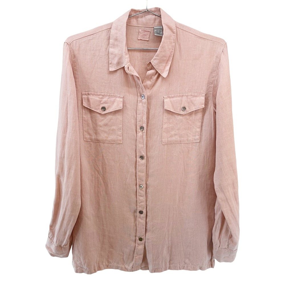 CHICOS 100% Linen Long Sleeve Button Up Shirt • 0 • pink, abalone buttons